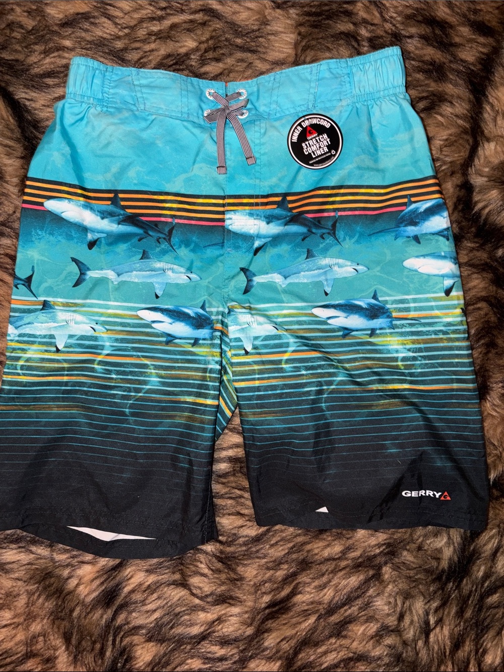 Gerry Shark Print Swim Shorts with Black and Orange Hem Stripes Size XL 18/20
